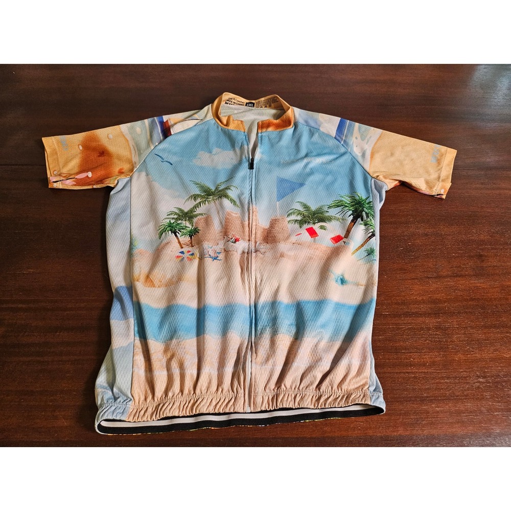 Mubodo Cycling Jersey Mens 3XL Blue Beach Print Short Sleeve Full Zip Pocketed